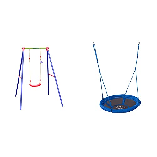 HUDORA Schaukel-Gestell HD 200, Metall mit Kinder-Schaukel - Bretschaukel aus Kunststoff - 64018 & 72126/01 Nestschaukel 90 cm, blau - Garten-Schaukel bis 100 kg belastbar von HUDORA