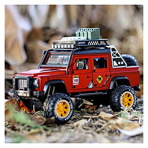 HUGGES 1:28 Für Land Rover Defender Alloy Pickup Modell Diecast Metal Refit Spielzeug Geländewagen Auto Mit Sound Light(Rot) von HUGGES