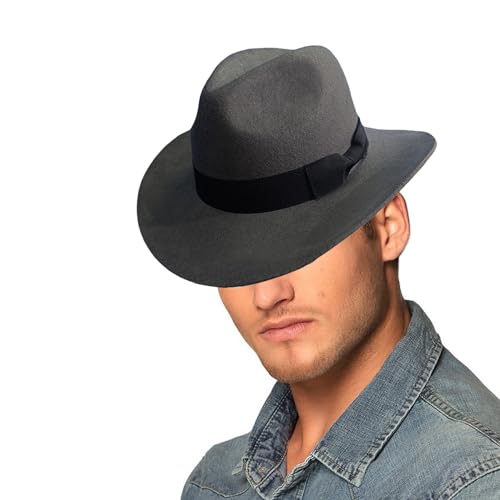 HUIFACAI Fedoras Hut für Damen, Herren, mit gewebtem Gürtel, Dekor, Zaubererhut, Wollmütze, Rollenspiel, Kostüm, Verkleidung, Clubhut, Grau gefüttert, 58cm von HUIFACAI