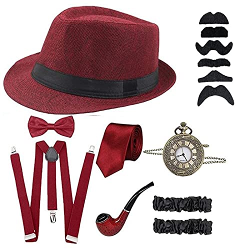 HUIFACAI Halloween 1920er Jahre Männer Gangster Zubehör Set Panama Hut Strapse Fliege 1920er Jahre Karneval Party Cosplay Zubehör von HUIFACAI