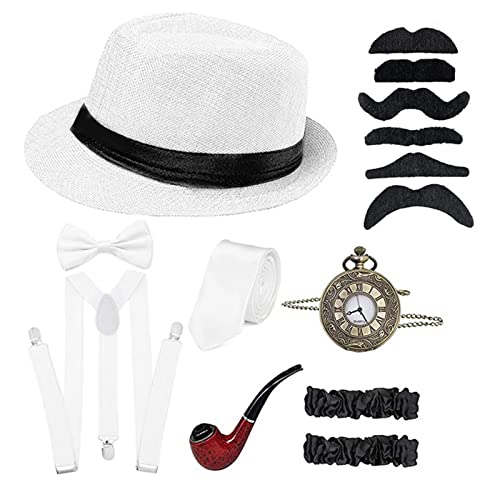 HUIFACAI Halloween 1920er Jahre Männer Gangster Zubehör Set Panama Hut Strapse Fliege 1920er Jahre Karneval Party Cosplay Zubehör von HUIFACAI