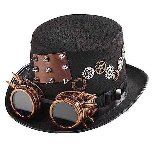 HUIFACAI Modischer Punk-Stil, Zylinderhut, Getriebekette, Brille, Nieten-Brille, Steampunk-Hut, Halloween-Hut für Halloween, Karneval, Party von HUIFACAI