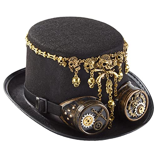 HUIFACAI Retro Steampunk Hut Punk Stil Zylinder Halloween Hut mit Zahnrad Kette Brille Totenkopf Hut Top Hut für Halloween Party von HUIFACAI