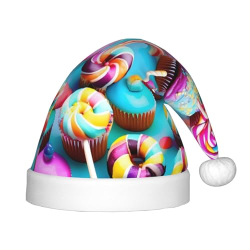 HUIKGIER Bunte süße Lollipop-Cupcake-Donut-Druck, Weihnachtsmannmütze, Unisex, Weihnachts-Stirnbänder für den Außenbereich, Weihnachtsfeier, Geschenk von HUIKGIER