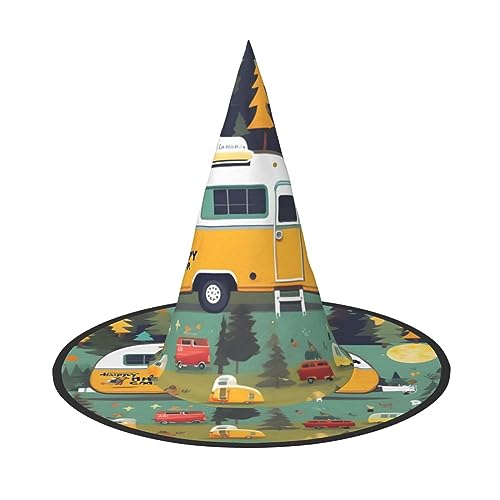 HUIKGIER Happy Bus Campervan Print Karneval Halloween Hexenhut Faltbarer Hut für Damen Herren Party Dekorationen Cosplay von HUIKGIER