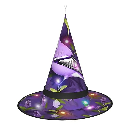 HUIKGIER Hexenhut mit Vogel in lila Lavendel, Blumendruck, Halloween-Hexenhut, entzückender Hexenhut, geeignet für Halloween-Partys, Feste von HUIKGIER