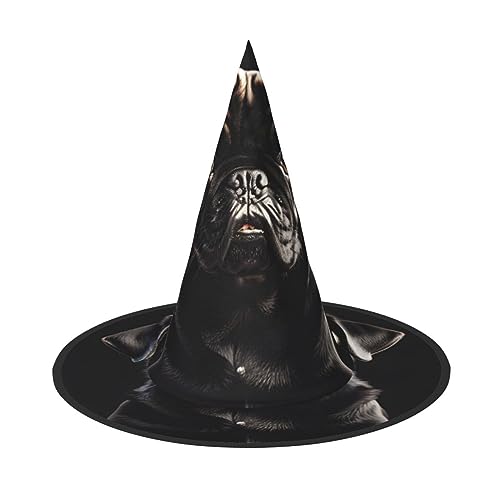 HUIKGIER Niedlicher schwarzer Mops-Druck, Halloween-Hüte, einzigartige Hexenhüte für Damen und Herren, Party-Dekorationen für Halloween von HUIKGIER