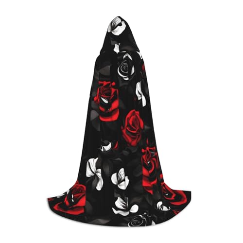 HUIKGIER Schwarz Weiß und Rot Rosen Druck Kapuzenumhang Halloween Umhang Cosplay Kostüm Zubehör Hexenumhang Mottopartys von HUIKGIER