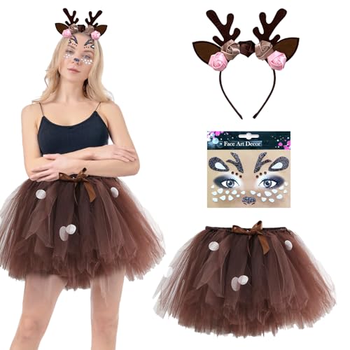 Damen Geweih Kostüm,Rentier Kostüm Damen,Rentier Karneval Damenkostüm,Reh Kostüm Damen,Rentier Tutu Rock,Damen Geweih Kostüm Karneval,Rentier Kostüm,für Fasching Karneval Cosplay Mottoparty von HUIKUANGEU