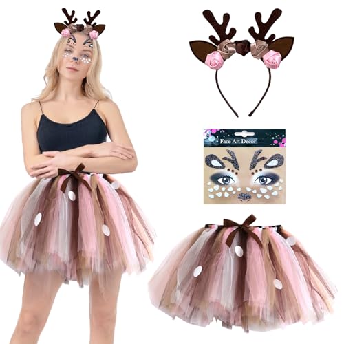 Damen Geweih Kostüm,Rentier Kostüm Damen,Rentier Karneval Damenkostüm,Reh Kostüm Damen,Rentier Tutu Rock,Damen Geweih Kostüm Karneval,Rentier Kostüm,für Fasching Karneval Cosplay Mottoparty von HUIKUANGEU