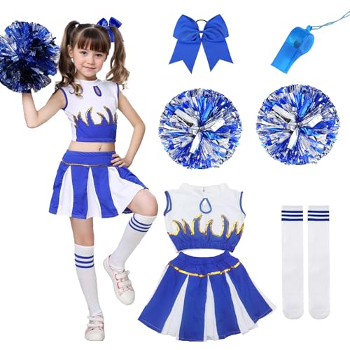 HUIKUANGEU Cheerleader Kostüm Kinder,Cheerleadering Outfit Mädchen,Kinderkostüm Cheerleader,Cheerleader Outfit,Cheerleading Kleid Cheer Uniformen mit Pompons,für Karneval,Fasching,Mottoparty von HUIKUANGEU