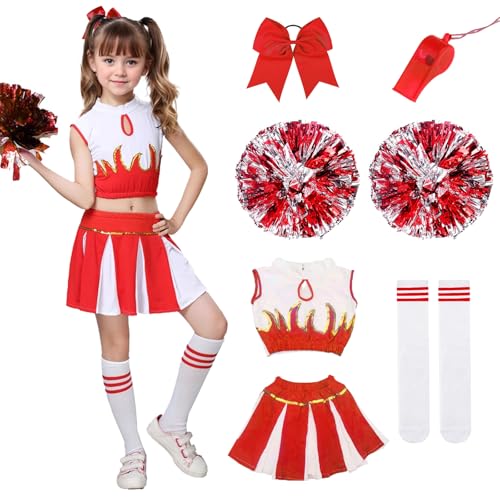 HUIKUANGEU Cheerleader Kostüm Kinder,Cheerleadering Outfit Mädchen,Kinderkostüm Cheerleader,Cheerleader Outfit,Cheerleading Kleid Cheer Uniformen mit Pompons,für Karneval,Fasching,Mottoparty von HUIKUANGEU