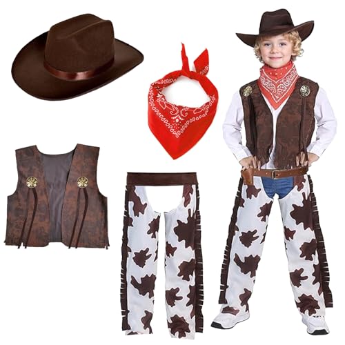 HUIKUANGEU Cowboy Kostüm Kinder,Cowboy Kostüm Kinder Western,Cowboy Kostüm Kleidung Verkleidung mit Bandana,Cowboy Outfit Jungen,Kinder mit Cowboy Hose Weste,für Karneval,Fasching,Mottoparty von HUIKUANGEU