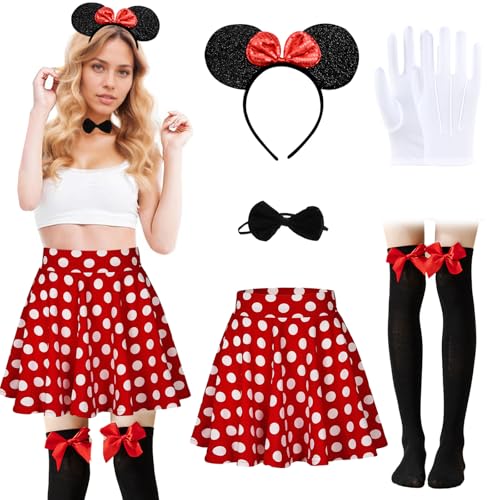 HUIKUANGEU Damen Maus Mouse Kostüm,Mouse Kostüm Damen,Maus Ohren mit Roter Schleife,faschingskostüme damen,Mini Maus Karneval Kostüm Damen Fasching,für Karneval,Fasching,Mottoparty von HUIKUANGEU