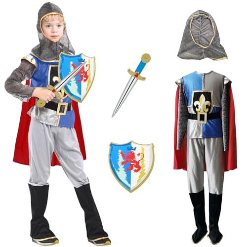 HUIKUANGEU Ritter Kostüm Kind,Kinderkostüm Ritter,Ritter Kostüm Deluxe Set,Faschingskostüme,Mittelalter Kostüm mit Schild & Schwert,Ritter-Kostüm Set für Kinder,für Fasching Karneval Mottoparty von HUIKUANGEU