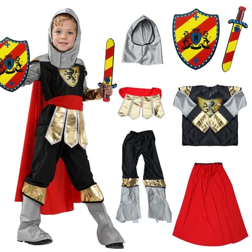 HUIKUANGEU Ritter Kostüm Kind,Kinderkostüm Ritter,Ritter Kostüm Deluxe Set,Faschingskostüme,Mittelalter Kostüm mit Schild & Schwert,Ritter-Kostüm Set für Kinder,für Fasching Karneval Mottoparty von HUIKUANGEU