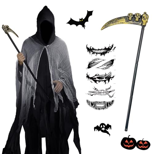 HUIKUANGEU Sensenmann Kostüm,Sensenmann Kostüm Herren,Halloween Kostüm Sensenmann,Halloween Sensenmann Kostüm,Halloween Sensenmann Herren,Geister Kit,Herren Sensenmann Halloween Kostüm von HUIKUANGEU