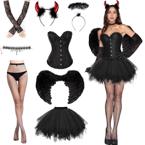 HUIKUANGEU Tüllrock,Teufel Kostüm,Engel und Teufel Flügel Kostüm,Halloween Kostüm Damen,Damen Schnürkorsett Top,Schwarz Engel Kostüm,Teufelsflügel Deko,für Karneval,Fasching,Mottoparty,Halloween HUIKUANGEU Tüllrock,Teufel Kostüm,Engel und Teufel Flügel Kostüm,Halloween Kostüm Damen,Damen Schnürkorsett Top,Schwarz Engel Kostüm,Teufelsflügel Deko,für Karneval,Fasching,Mottoparty,Halloween von HUIKUANGEU