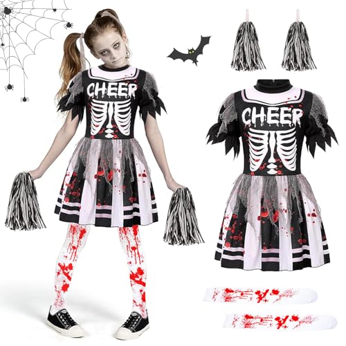 HUIKUANGEU Zombie Cheerleader,Zombie Cheerleader Kostüm,Cheerleader Zombie,Zombie Cheerleader Kostüm Mädchen,Halloween Skelett Kleid Mädchen,Halloween Cheerleader Kostüm Kinder,für Halloween Party von HUIKUANGEU