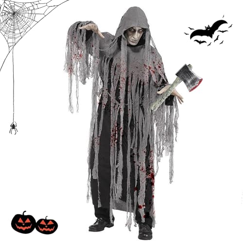 HUIKUANGEU Zombie Kostüm,Gruseliges Ghul Kostüm mit Kapuze,Dark Sensenmann Geisterkostüm,Sensenmann Kostüm,Halloween Kostüm Herren,Halloween Zombie Kostüm,für Horror Halloween Karneval Mottoparty von HUIKUANGEU