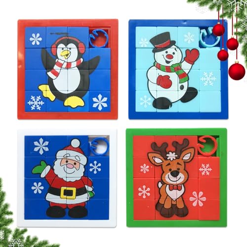 Schiebepuzzle Kinder,4 Stück Schiebepuzzle,Adventskalender Füllung Kinder,Schiebe Puzzle als Kleinigkeiten für Adventskalender,Weihnachten Schiebe Puzzle,Weihnachtsmann,Schneemann,Elch und Pinguin von HUIKUANGEU