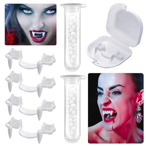 Vampir Fangs Kit,4 Stücke Vampir Zähne Ausfahrbar,Halloween Vampir Zähne mit 2 Rohr Zähne Pellets Klebstoff,für Cosplay Party Requisiten Halloween Party Fangs Gefälligkeiten von HUIKUANGEU