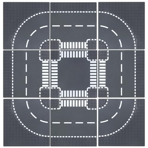 HUIZDQ 9 Stück Straßen-Basisplatten, Stadt Straße Straße Gebäude Grundplatte Spielzeug kompatibel mit Allen großen Marken, für Alter 3 und Oben, 10" x 10" (Grau) von HUIZDQ