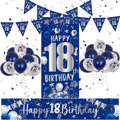 18 Geburtstag Deko Blau und Silber, Deko 18. Geburtstag Mädchen Mädchen mit Geburtstagsdeko 18 Konfetti Luftballons, “Happy 18th Birthday” Lange Girlande Banner und Banner Hintergrund von HULASO