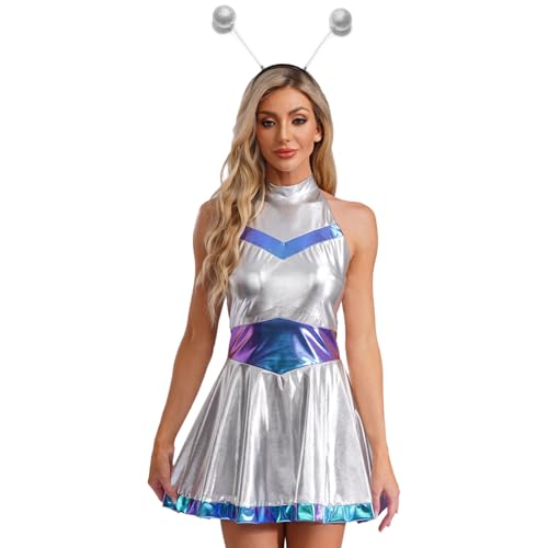 HULIJA Alien Kostüm Damen Metallic Space Girl Neckholder Kleid mit Alien Haarreif Set Astronauten Space Cosplay Fasching Rave Outfit Blau 3XL von HULIJA