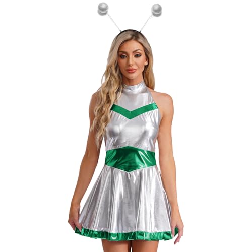 HULIJA Alien Kostüm Damen Metallic Space Girl Neckholder Kleid mit Alien Haarreif Set Astronauten Space Cosplay Fasching Rave Outfit Grün 3XL von HULIJA