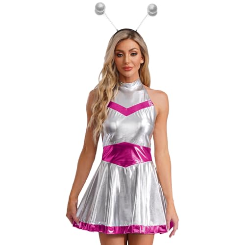 HULIJA Alien Kostüm Damen Metallic Space Girl Neckholder Kleid mit Alien Haarreif Set Astronauten Space Cosplay Fasching Rave Outfit Hot Pink 3XL von HULIJA