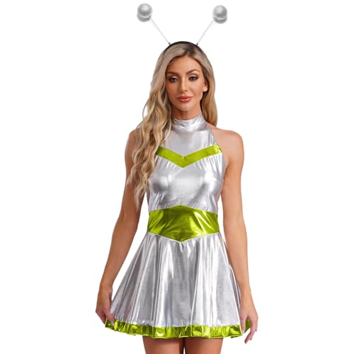 HULIJA Alien Kostüm Damen Metallic Space Girl Neckholder Kleid mit Alien Haarreif Set Astronauten Space Cosplay Fasching Rave Outfit Leuchtendes Grün 3XL von HULIJA