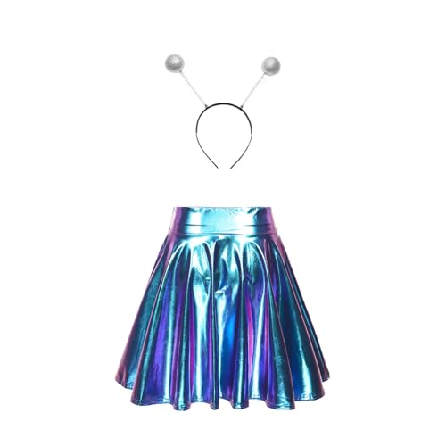 HULIJA Damen Alien Kostüm Alien Haarreif mit Metallischem Faltenrock Set Antenna Stirnband Holographischer Mini Rock Astronauten Space Girl Karneval B Blau L von HULIJA