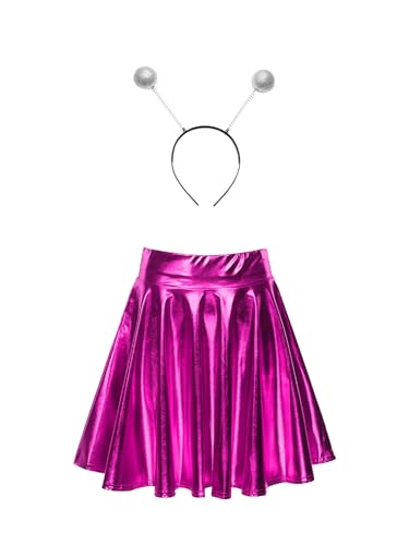 HULIJA Damen Alien Kostüm Alien Haarreif mit Metallischem Faltenrock Set Antenna Stirnband Holographischer Mini Rock Astronauten Space Girl Karneval Hot Pink M von HULIJA