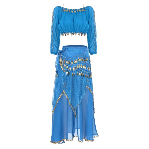 HULIJA Damen Bauchtanz Kostüm Set Indische Tanz Outfits Split Langarm Braufrei Oberteil mit Chiffon Rock Bauchtänzerin Tanzkleidung Hellblau M von HULIJA