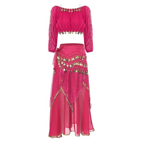 HULIJA Damen Bauchtanz Kostüm Set Indische Tanz Outfits Split Langarm Braufrei Oberteil mit Chiffon Rock Bauchtänzerin Tanzkleidung Hot Pink M von HULIJA