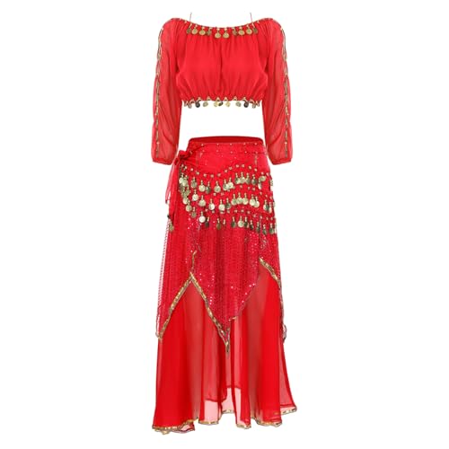 HULIJA Damen Bauchtanz Kostüm Set Indische Tanz Outfits Split Langarm Braufrei Oberteil mit Chiffon Rock Bauchtänzerin Tanzkleidung Rot M von HULIJA