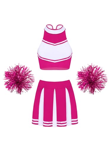 HULIJA Damen Cheer Leadering Kostüm Ärmellos Tank Tops + Minirock + Pompoms Cheer Outfits Party Cosplay Karneval Fasching Verkleidung B Pink L von HULIJA