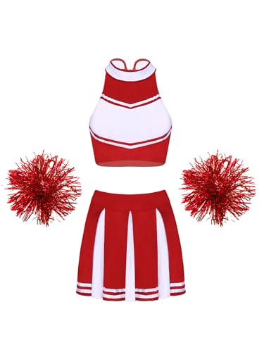 HULIJA Damen Cheer Leadering Kostüm Ärmellos Tank Tops + Minirock + Pompoms Cheer Outfits Party Cosplay Karneval Fasching Verkleidung B Rot L von HULIJA