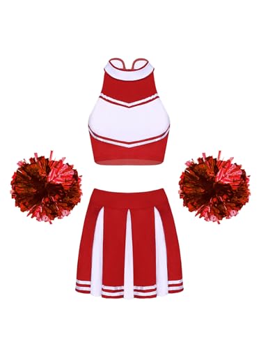 HULIJA Damen Cheer Leadering Kostüm Ärmellos Tank Tops + Minirock + Pompoms Cheer Outfits Party Cosplay Karneval Fasching Verkleidung Ein Rot S von HULIJA