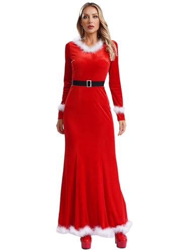 HULIJA Damen Weihnachten Kleid Kangarm Weihnahtsfrau Kleid mit Gürtel Weihnachtskostüm Elfen Kostüm Maxi Kleid Weihnachtsoutfits Cosplay Rot L von HULIJA