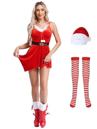 HULIJA Damen Weihnachten Kostüm Ärmellos Weihnachtself Kleid mit Nikolaus Mütze + Strümpfe Weihnachtsfrau Kostüm Xmas Outfits Cosplay Rot 3XL von HULIJA