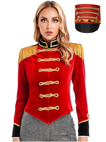 HULIJA Damen Zirkus Kostüm Set Quasten Samt Jacke mit Hut Stehkragen Blazer Mantel Zirkusdirektor Verkleidung Karneval Faschingkostüm Rot 3XL von HULIJA