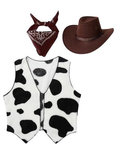 HULIJA Kinder Jungen Cowboy Set Braune Cowboy Weste Mit Kühle Druck+ Cowboy Hut + Bandana Zubehör Kostüm Set Bühnenauftritte Party Kaffee 170-176 von HULIJA