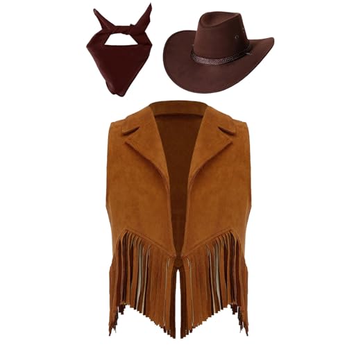 HULIJA Kinder Jungen Mädchen Cowboy Kostüm Set Ärmellos Fransen Weste + Cowboy Hut + Bandana Cowgirl Cosplay Mottoparty Fasching Braun 110-116 von HULIJA