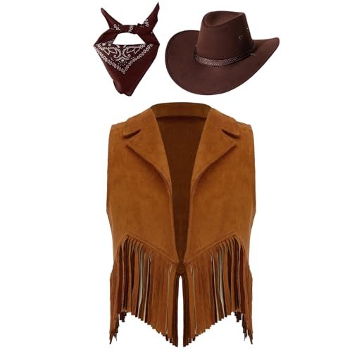 HULIJA Kinder Jungen Mädchen Cowboy Kostüm Set Ärmellos Fransen Weste + Cowboy Hut + Bandana Cowgirl Cosplay Mottoparty Fasching Braun 110-116 von HULIJA