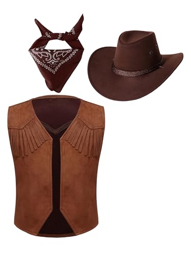 HULIJA Kinder Jungen Mädchen Zubehör Braune Cowboy Weste Mit Cowboy Hut + Bandana Cowboy Set Bühnenauftritte Halloween Party Verkleidung Braun 122-128 von HULIJA