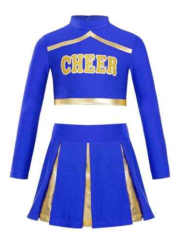 HULIJA Kinder Mädchen Cheer Leader Kostüm Langarm Cheer Crop Top mit + Minirock Cheerleadering Outfits Set Tanzanzug Halloween Cosplay Blau 110-116 von HULIJA