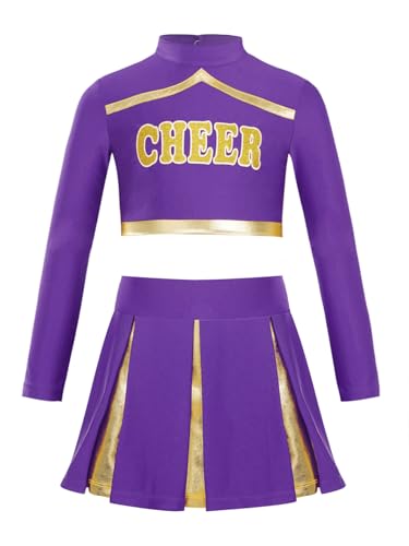 HULIJA Kinder Mädchen Cheer Leader Kostüm Langarm Cheer Crop Top mit + Minirock Cheerleadering Outfits Set Tanzanzug Halloween Cosplay Lila 110-116 von HULIJA