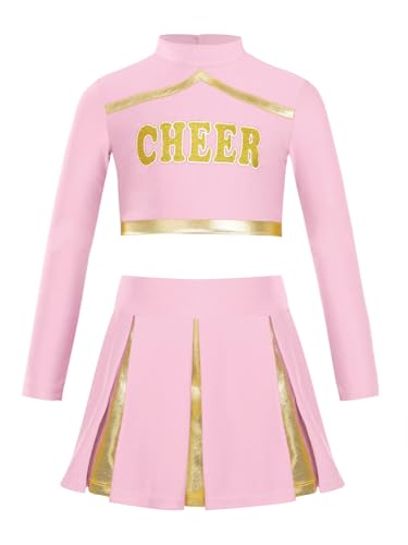 HULIJA Kinder Mädchen Cheer Leader Kostüm Langarm Cheer Crop Top mit + Minirock Cheerleadering Outfits Set Tanzanzug Halloween Cosplay Rosa 110-116 von HULIJA